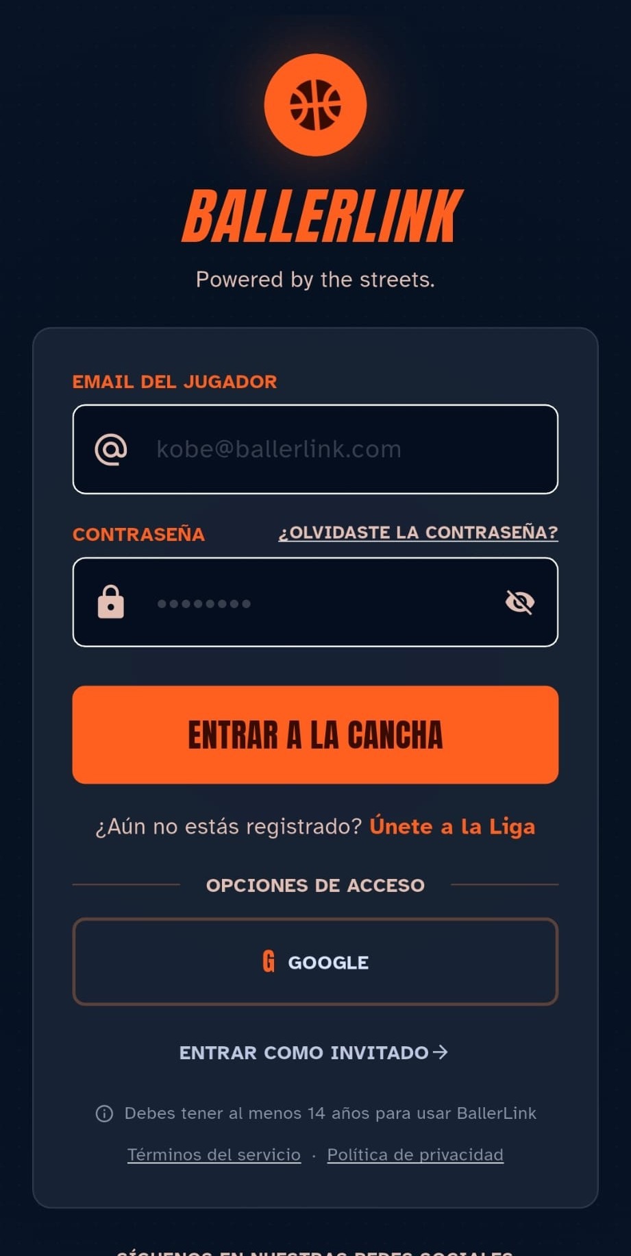 Pantalla de bienvenida de BallerLink